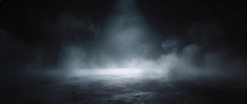 Dark moody fog background with mist smoke and spotlight, empty dramatic stage over wet textured floor, cinematic surreal fantasy scene with eerie mysterious light atmospheric space and swirling vapor