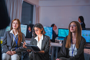 Obraz premium Multiethnic women in technology having a global threat sharing discussion. Dedicated DevSecOps professionals planning secure coding and privacy preserving AI models during late night shift.