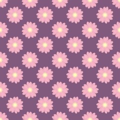 Lovely pink flower pattern arranged on a muted greyish purple background. Charming seamless vintage geometric floral layout for classic interior linens. © MDC