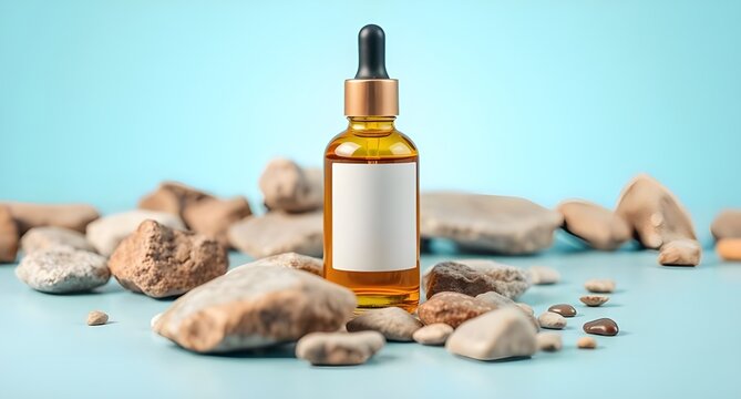 amber glass dropper bottle with blank label on stone pedestal against blue background