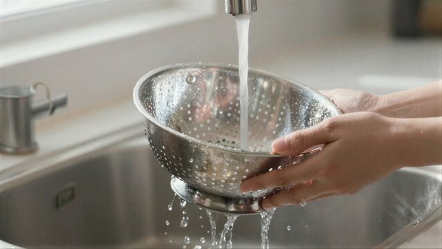 Hands rinse a metal colander under running water in a kitchen sink.