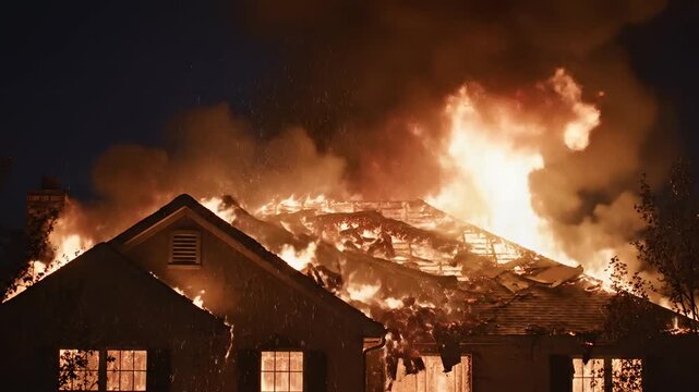 House Fire Rages at Night with Intense Flames and Sparks.