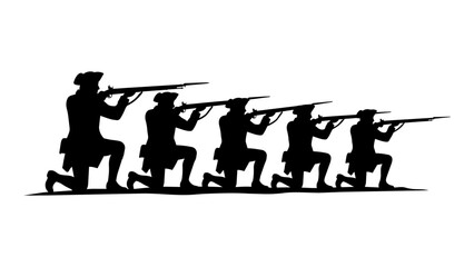 Naklejka premium Black silhouette of a line of soldiers kneeling and aiming their rifles during a historic battle isolated on transparent background, Vector