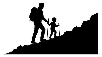 Obraz premium Silhouette of a father and son hiking up a steep rocky mountain path with backpacks and walking sticks together isolated on transparent background, Vector