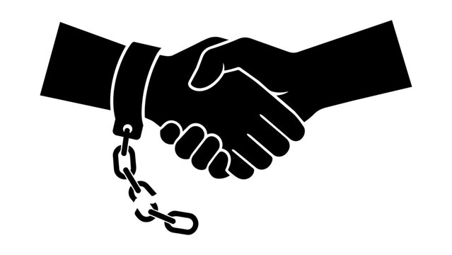 Black handshake icon with a hand wearing iron shackles and chain representing forced agreement or lack of freedom in a business deal isolated on transparent background, Vector