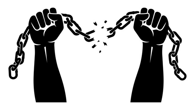 Two raised black fists breaking free from metal chains representing freedom and liberty isolated on transparent background, Vector