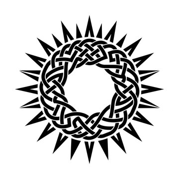 Black sun celtic knot circle design with spiked rays in a circular braided pattern isolated on transparent background, Vector