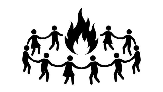 Group of people holding hands in a circle dancing around a fire isolated on transparent background, Vector