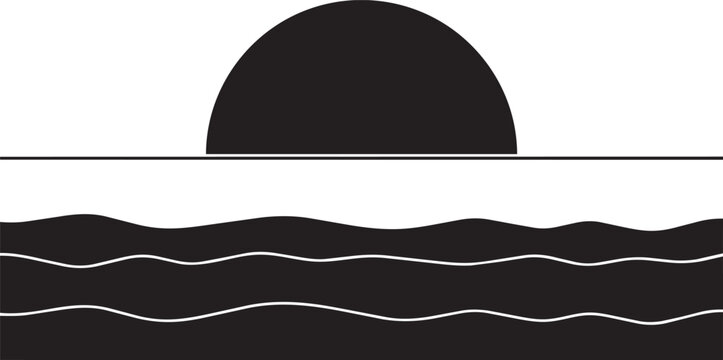 Black and white sunset icon with a simple sun setting over ocean waves isolated on transparent background, Vector