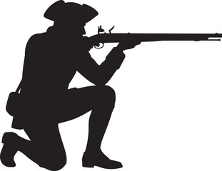 Fototapeta premium Black silhouette of a colonial American revolutionary war soldier kneeling and aiming a musket rifle during battle isolated on transparent background, Vector