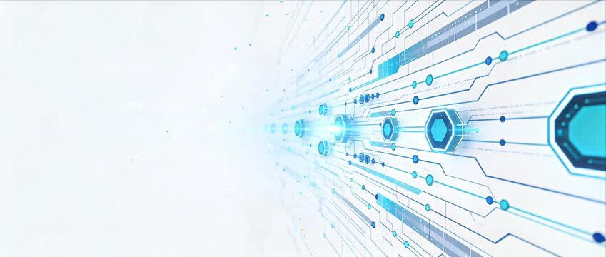 Futuristic technology digital abstract network data connection circuit innovation minimal design cyber blue white line hexagon background pattern modern science hi tech electronic communication