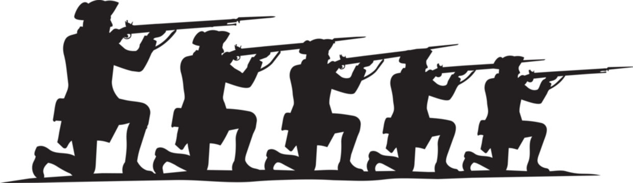 Black silhouette of a line of soldiers kneeling and aiming their rifles during a historic battle isolated on transparent background, Vector