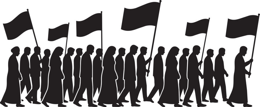 Silhouette of a large group of people walking together in a protest holding flags isolated on transparent background, Vector