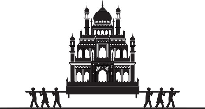 Black silhouette of people carrying a traditional Indian mosque or temple structure in a religious procession isolated on transparent background, Vector