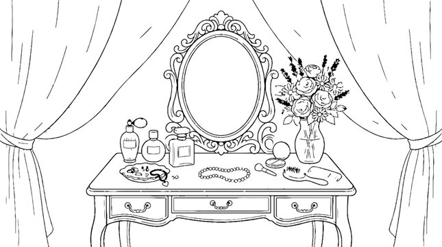 Classic vanity table with ornate mirror and beauty products