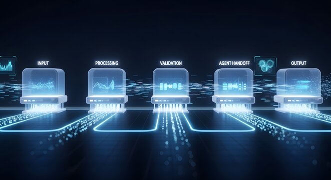 Wide Horizontal AI Agent Pipeline Featuring Text Labels Input Processing Validation Agent Handoff Output Across Connected Nodes &ndash; Intelligent Workflow Automation System