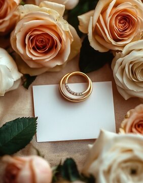 Two gold wedding rings, one with small diamonds, resting on a blank card surrounded by peach and cream roses and green leaves in a soft romantic still life