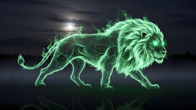 A majestic green glowing ethereal lion walking under a full moon at night.
