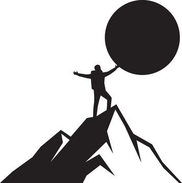 Silhouette of a hiker standing on a mountain peak holding a large circle sun above their head isolated on transparent background, Vector