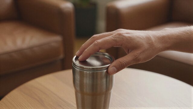 Hand sealing stainless steel travel mug on wooden table near leather
