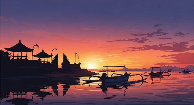 Traditional balinese boats and temple silhouettes at sunset