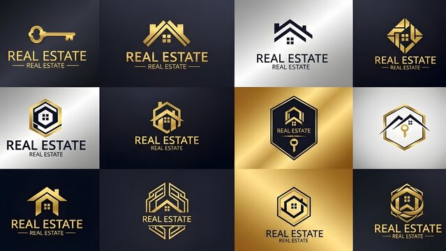 A grid of twelve elegant gold and black real estate logos featuring houses, keys, and geometric designs, all with 'REAL ESTATE' text.