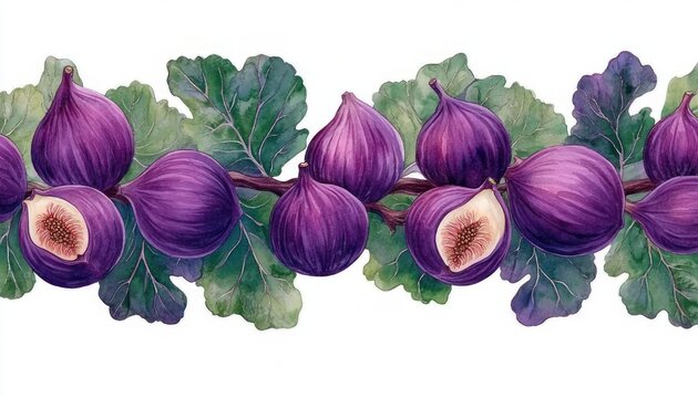 Watercolor border of ripe purple figs and lush green fig leaves with sliced fruit revealing seeds, hand-painted botanical composition evoking freshness and rustic abundance