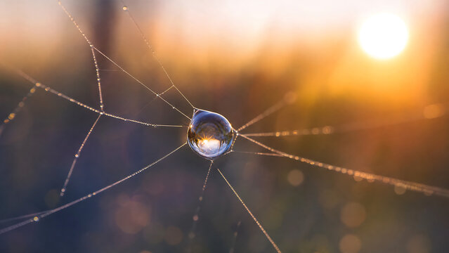 Macro photography of morning dew water droplet on spider web