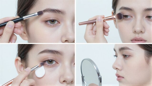 Woman applies makeup with brushes and mirror step-by-step tutorial.