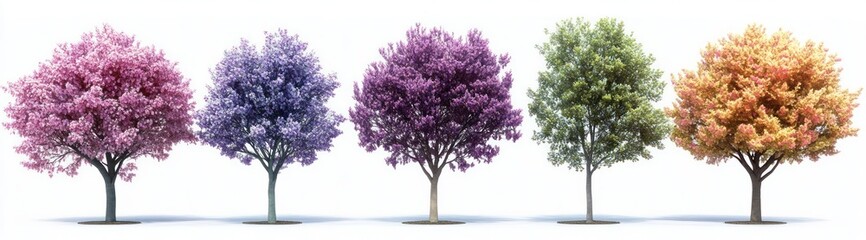 Naklejka premium Five ornamental trees arranged in a row with bright pink, lavender, deep purple, green and orange foliage on a white background, cheerful and vibrant mood