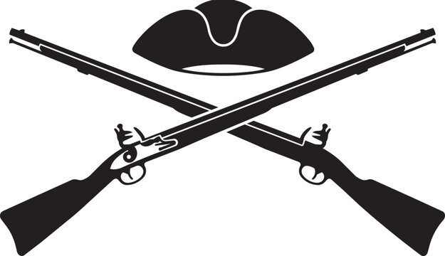 Black silhouette icon of two crossed vintage muskets and a colonial tri-corner hat representing historical warfare and revolutionary military history isolated on transparent background, Vector