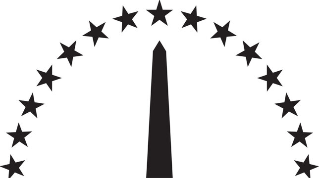 Washington Monument icon silhouette with a semi circle of stars representing the United States of America isolated on transparent background, Vector