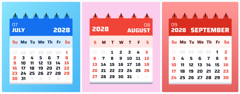 July August September 2028 calendar set with colorful monthly layouts and modern planner composition. Flat vector illustration ideal for productivity and scheduling projects