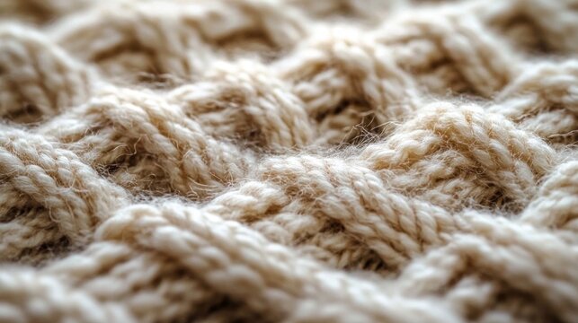 Close-up of soft beige cable-knit wool with fuzzy yarn fibers, cozy tactile texture evoking warmth and comfort