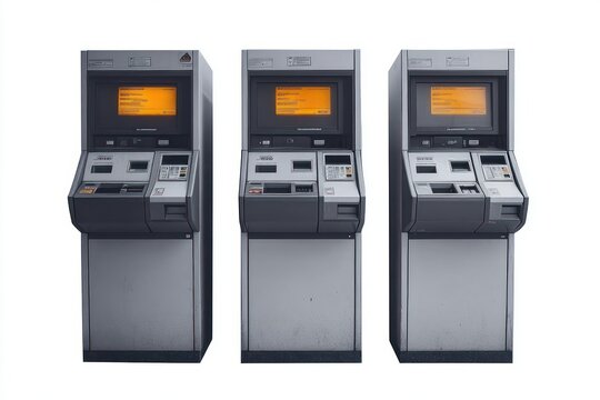 three gray automated teller machines with glowing orange screens and keypads, sterile impersonal bank kiosks in a row