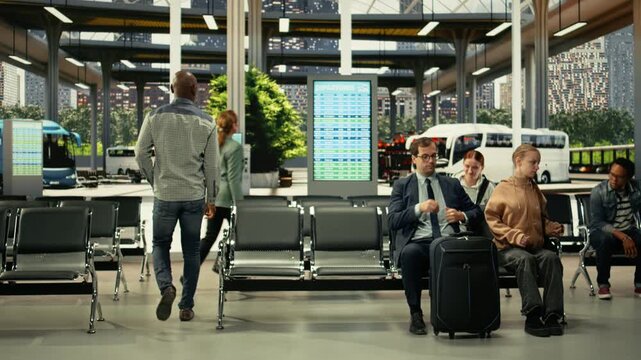 Modern bus terminal with people sitting in waiting area before departure. Multicultural passengers with carry-on bags preparing for interstate coach travel, affordable connections.