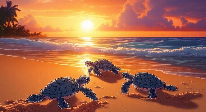 Three baby sea turtles crawling across a sunlit sandy beach toward the ocean at sunset with palm silhouettes, gentle waves and golden clouds in a hopeful serene mood