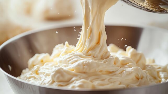 thick creamy mixture pouring into a stainless steel mixing bowl with splashes, smooth indulgent texture and comforting decadent appeal
