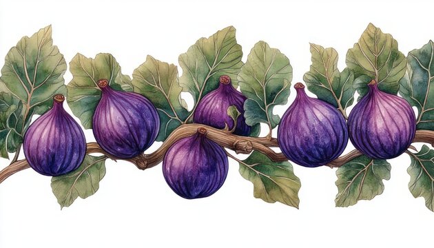 row of ripe purple figs on a leafy fig tree branch, botanical watercolor illustration conveying abundance and tranquil natural beauty