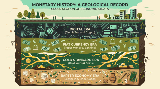 Illustrated Layered Monetary History Geological Record Timeline.