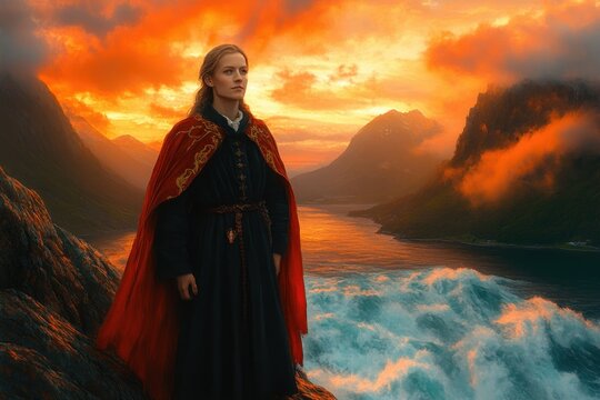 Person in embroidered red cloak standing on rocky cliff above stormy sea and fjord at fiery sunset, feeling resolute and contemplative