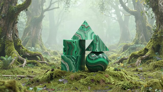 Mossy forest mist shrouds vibrant green malachite geometric shapes.