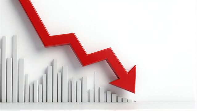 Red arrow drops sharply over white bars symbolizing decline or