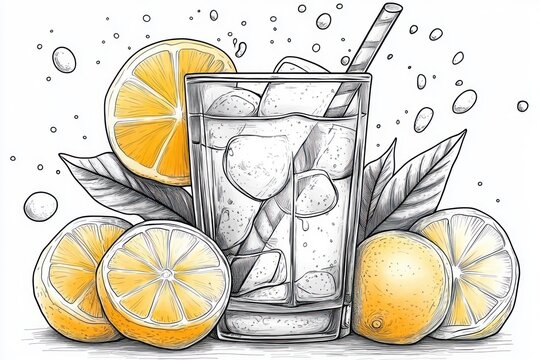Refreshing sparkling lemon drink in a glass tumbler with ice cubes, striped straw, lemon slices, whole lemons, leaves and bubbles conveying a bright invigorating summer mood