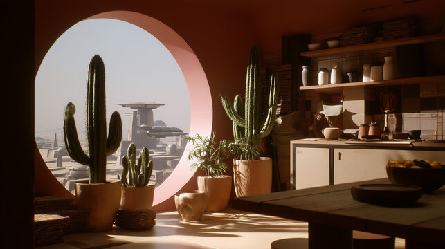 Sunlit desert style room with cactus plants and round window