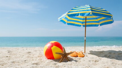Obraz premium Italian festival Buon (happy in italian language) Ferragosto beach background with umbrella, volleyball and starfish. Summer holidays in Italy concept
