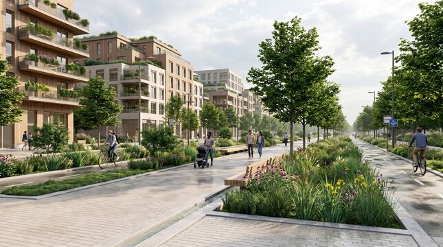 Climate resilient boulevard with bioswales and green urban infrastructure