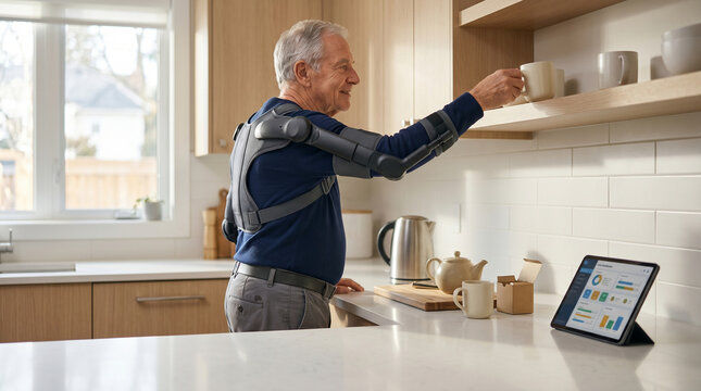 Senior man using upper body exoskeleton assist technology for daily kitchen tasks