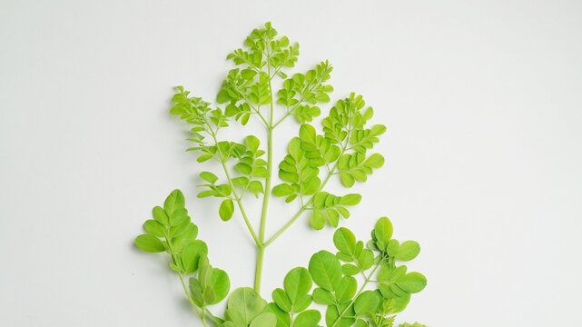 branch of green moringa leaves (daun kelor) on white background