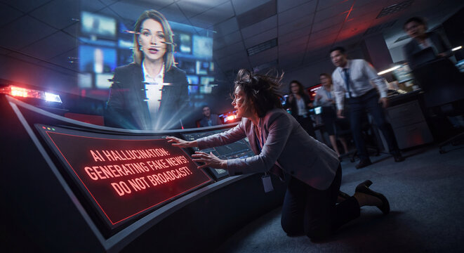 Woman in panic kneeling at control console as newsroom screens warn of AI hallucination